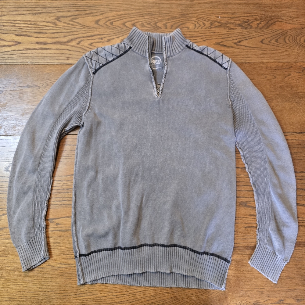 BKE Athletic Fit Quarter Zip Sweater Gray Moto Stitch Pullover Buckle